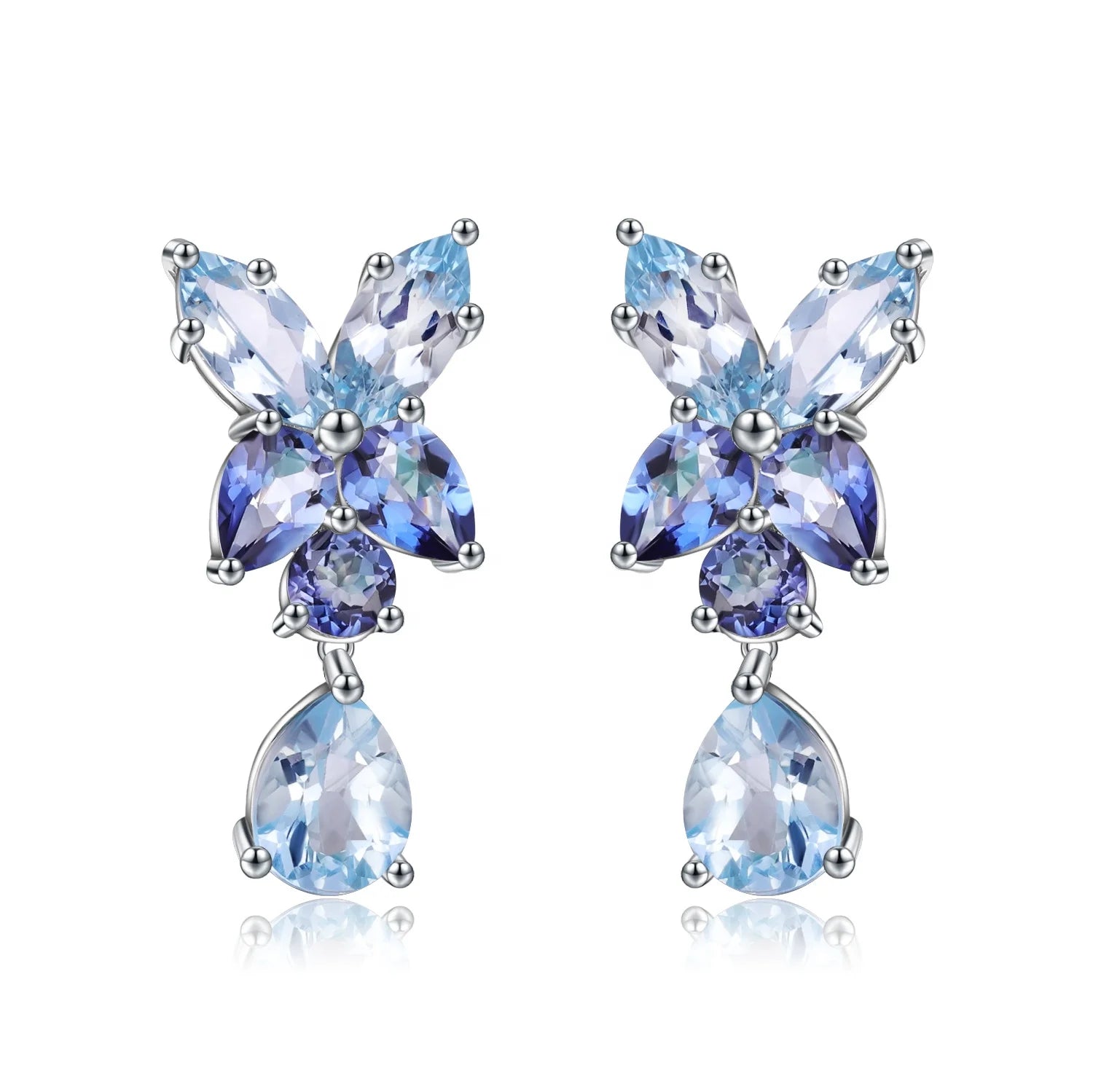 Abiding Flower Natural Mystic Quartz Sky Blue Topaz Gemstone Boho Fashion Jewelry Earring Sterling Silver