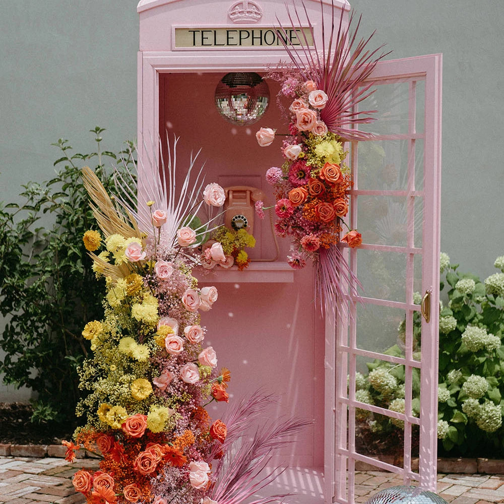 Vintage Telephone Booth with Artificial Flowers Wedding Decor Outdoor Display Telephone Booth