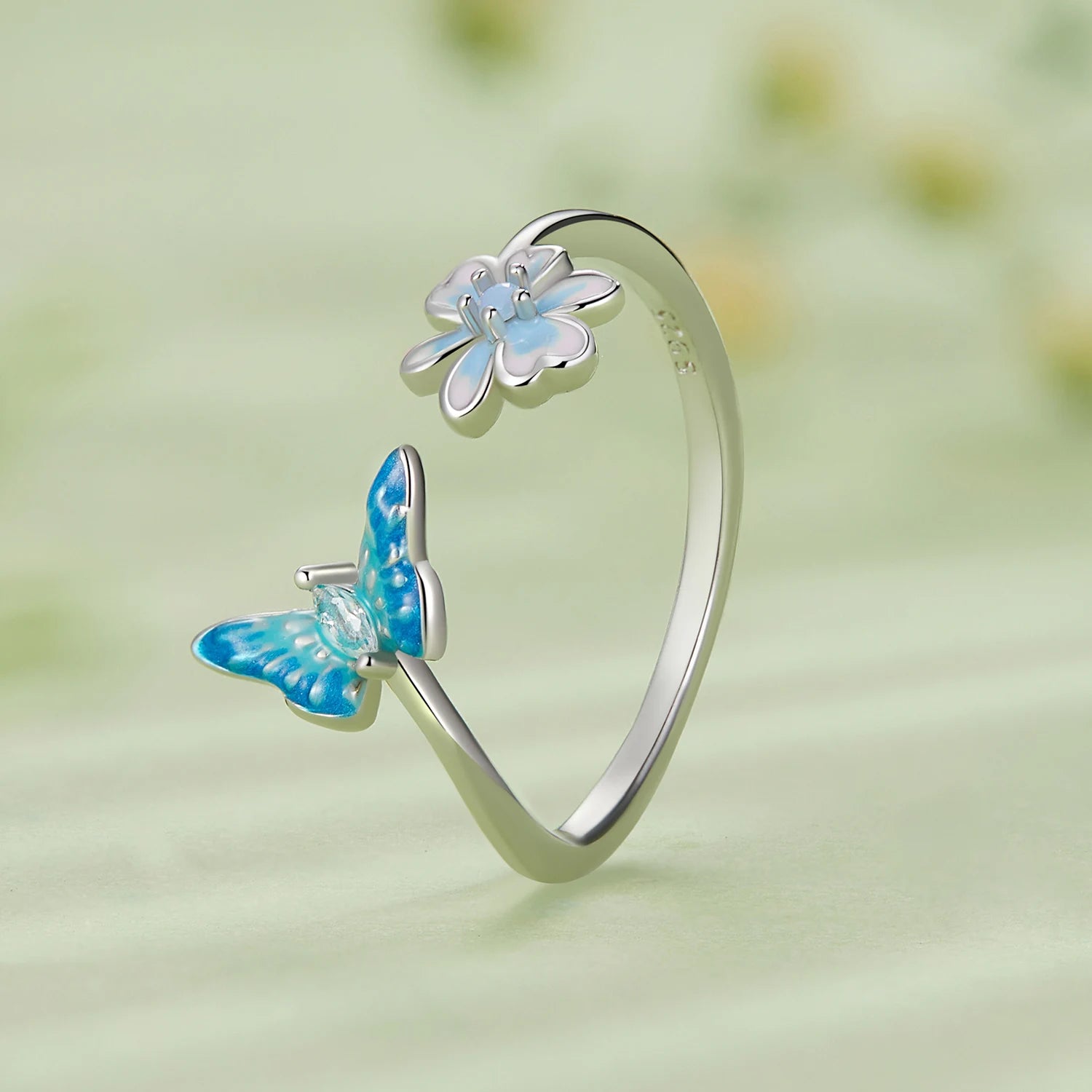 2024 Factory 925 Sterling Silver Enamel Butterfly and Flower Open Ring for Women Fashion Jewelry Ring Party Gift SCR911