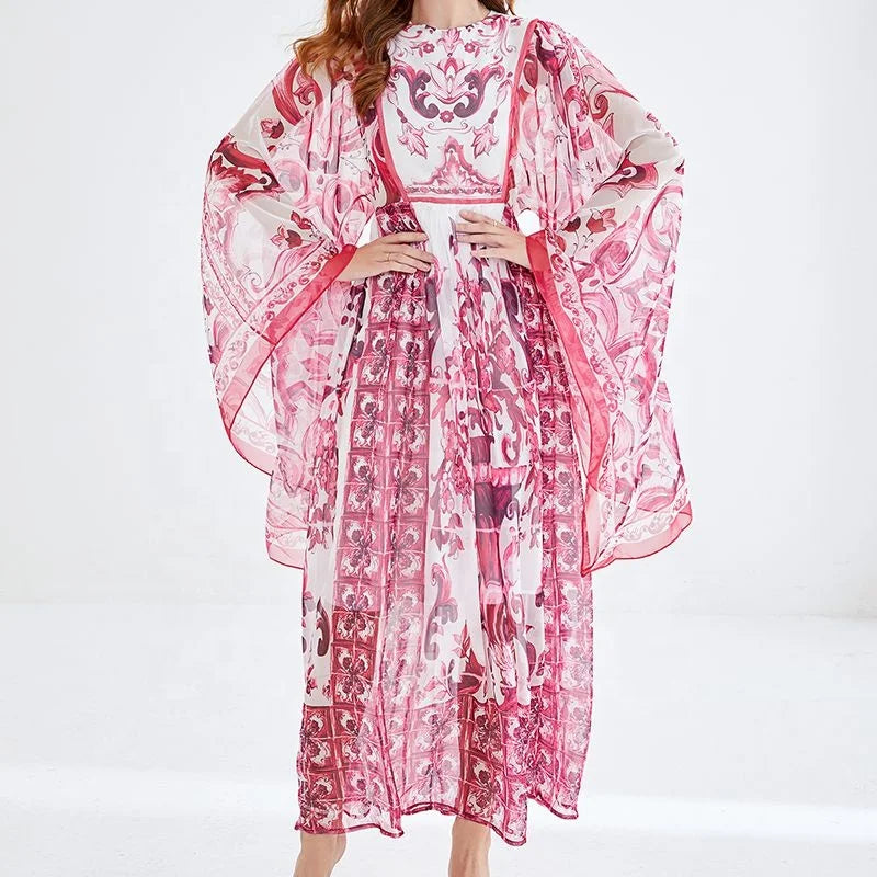 American Casual Plus Size Floor-Length Vintage Print Round Neck Long Sleeve Washable Dress New Product Hot Sale