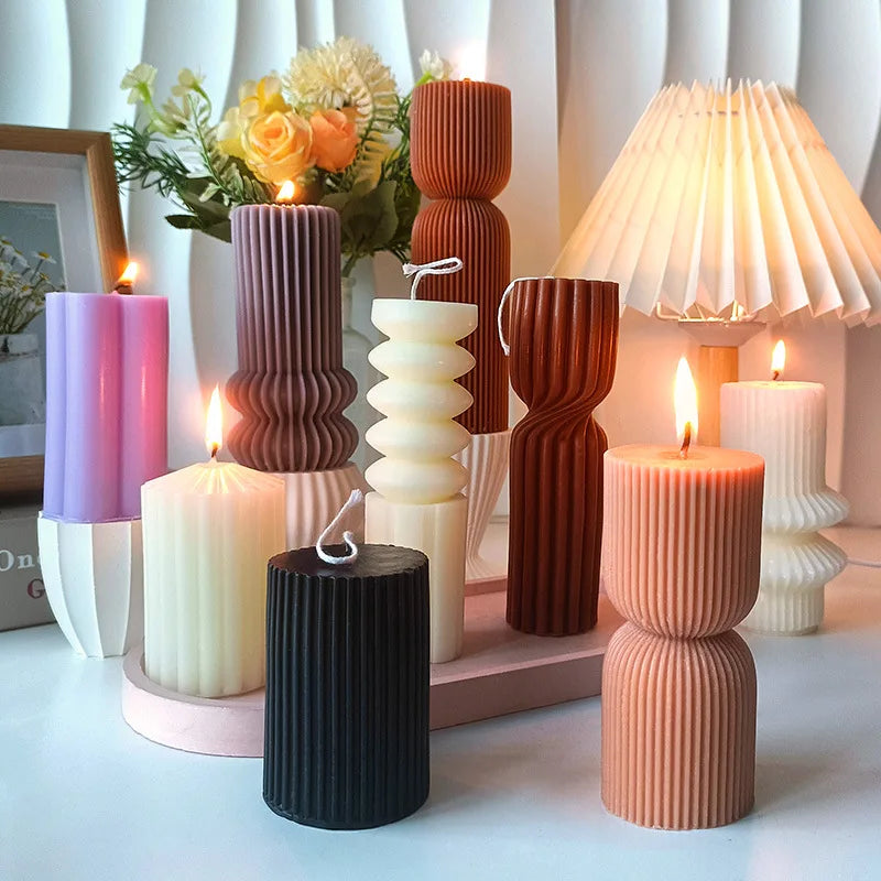 3D Striped Cylindrical Candle Silicone Mold DIY Roman Column Aromatherapy Candle Handmade Soap Ornaments Grinding Tool