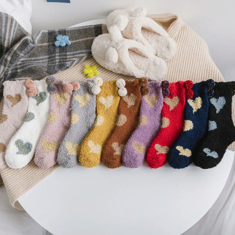 Fashion Winter Socks Hearts Balls Women Warm Wool Fuzzy Soft Comfortable Women Winter Socks Custom Logo Socks