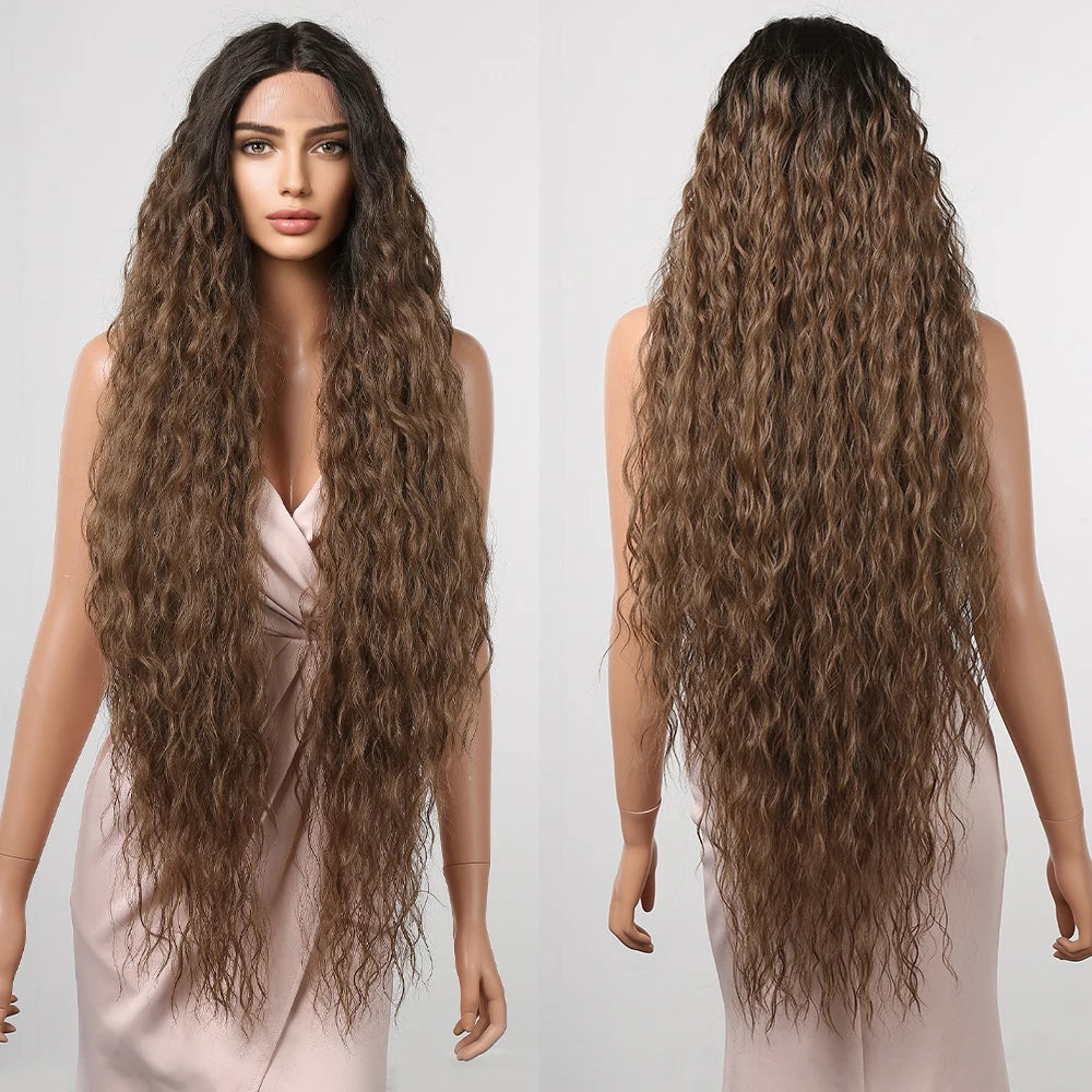 Japan Future Fiber Chestnut Brown Long Kinky Curly Lace Front Synthetic Wig Ombre Hair Wavy Lace Wigs Daily Party Wedding Use
