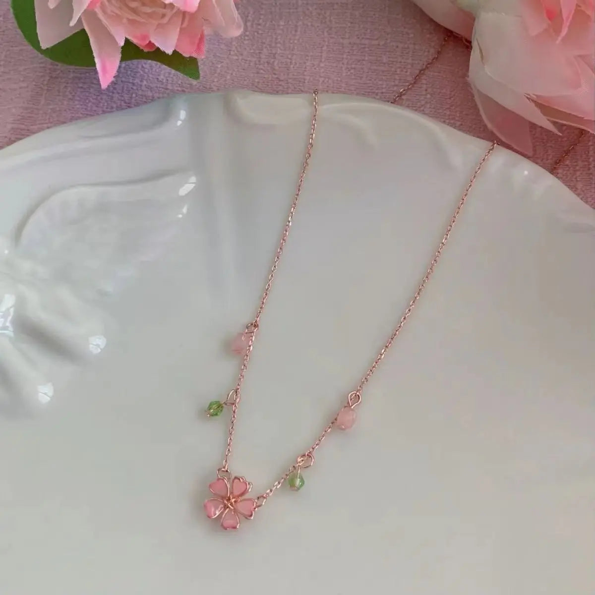 Exquisite Cherry Flower Stainless Steel Chain Necklace for Women Crystal Zircon Rose Heart Clavicle Chain Wedding Jewelry