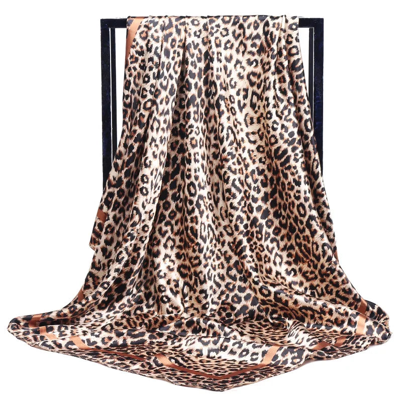 Lady's Latest Design Vintage Turkey Hijab Leopard Print 90*90 Square Twill Silk Scarf for Summer