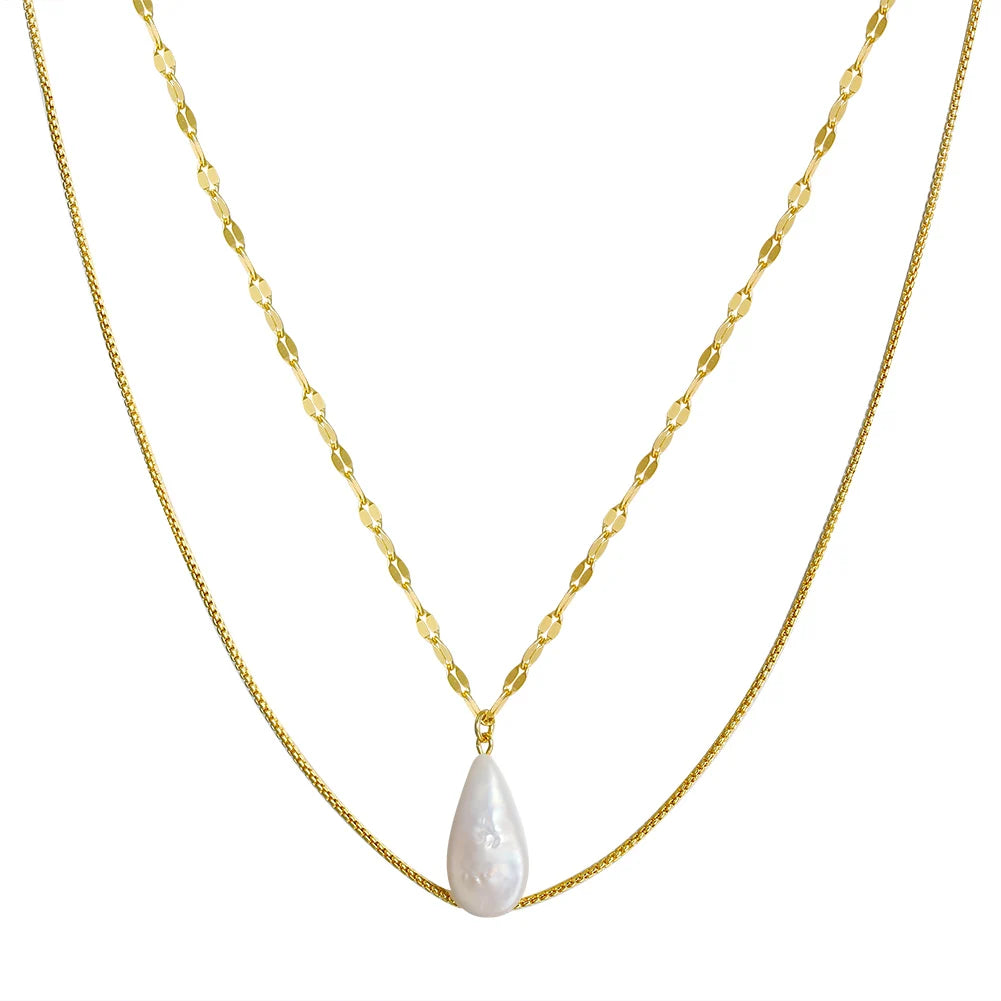GPN15 RINNTIN 925 Sterling Silver Gold Box Chain with Drop-shaped Real Freshwater Pearl Pendants Double Layer Necklace for Women