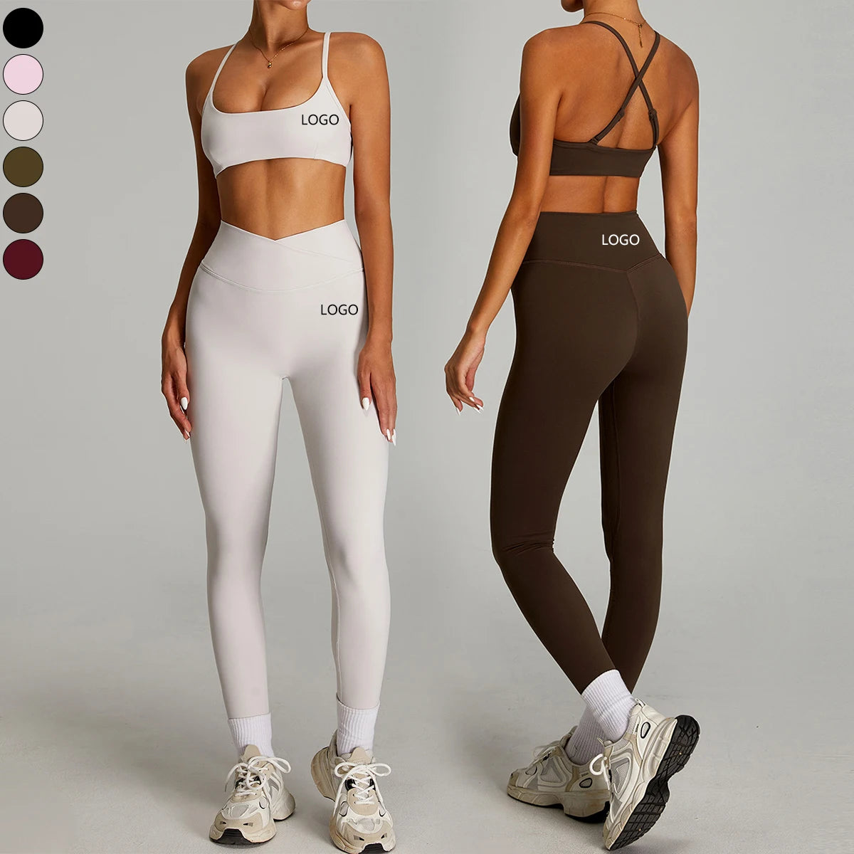 XW-TM0254Y-1 Backless Cross Padded Bras Fitness Set Sports Hip Line Front V Leggings Gym Sportswear Workout Women's Sets