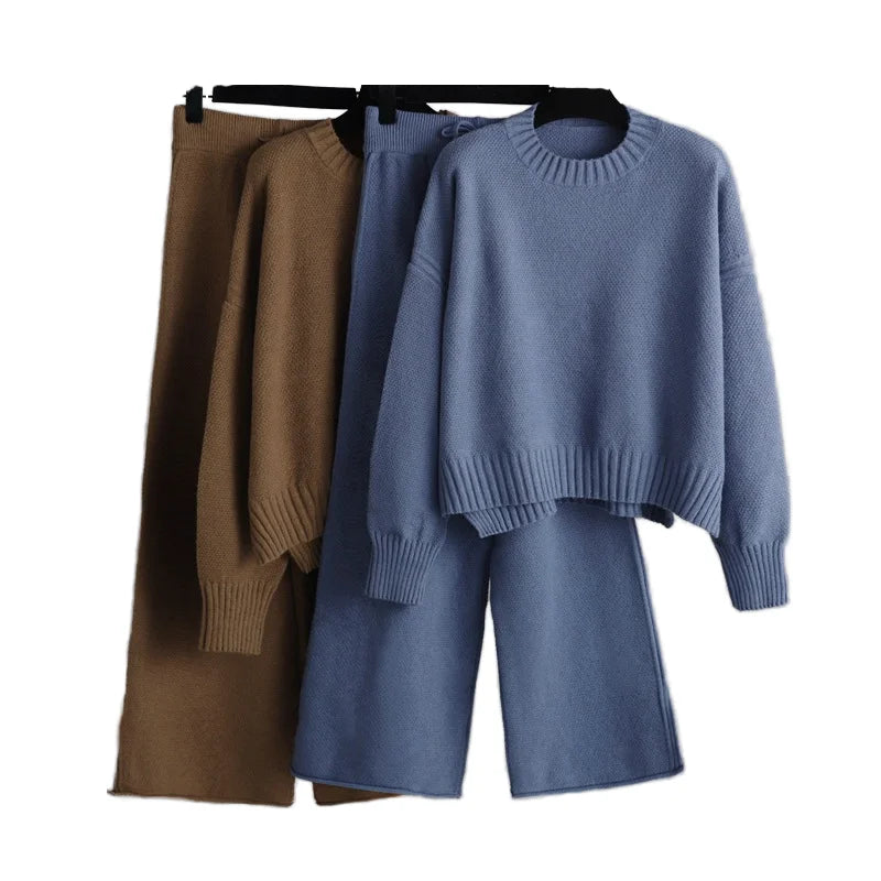 Women's Korean Version Casual Knitted Pants and Sweater Set Autumn/Winter New Fashion Loose Wide Leg Tops 10% off