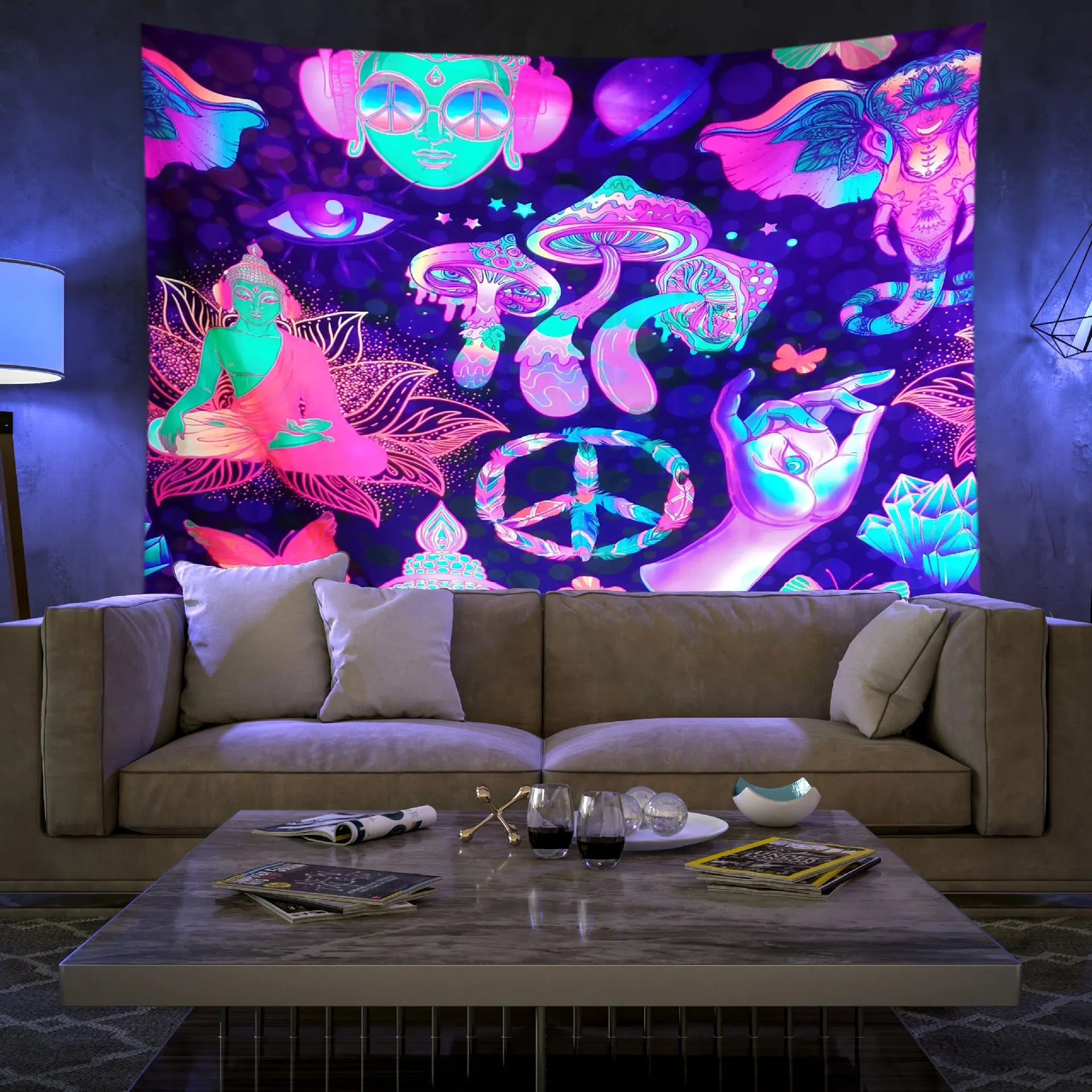 Fluorescent Mushroom Tree Wall Hanging UV Light Psychedelic Tarot Tapestry Home Decor