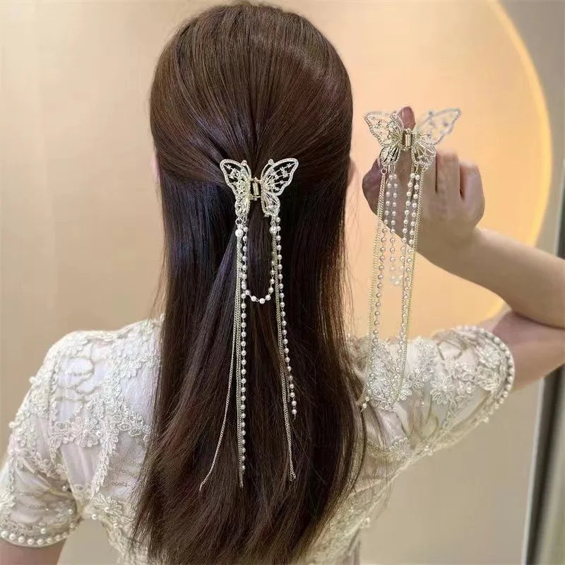 Pearl Crystal Butterfly Metal Hair Claw Hairpin Butterfly Tassel Clip Hollow Pearl Rhinestone Head Back Hair Shark Clip Headgear