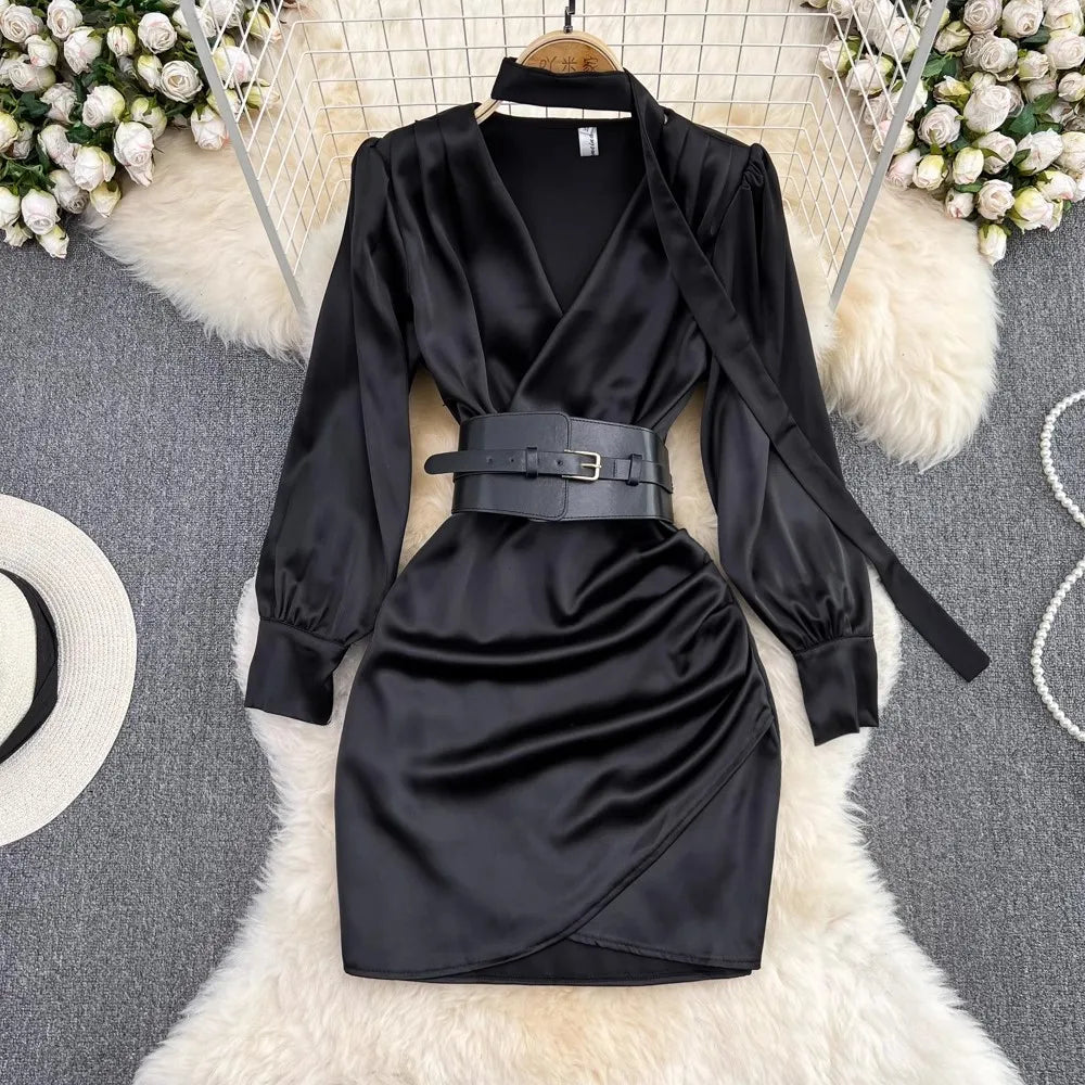 S-2XL Autumn Satin Black V-neck Bubble Long Sleeved Dress Waist Fold Wrap Hip Dress
