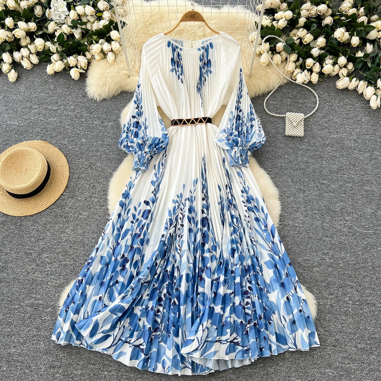 LW0639 Senior Sense Dress Women 2025 Fall Pleated Lace With Lantern Sleeve Printed Long Skirt Elegant Women'S Dresses