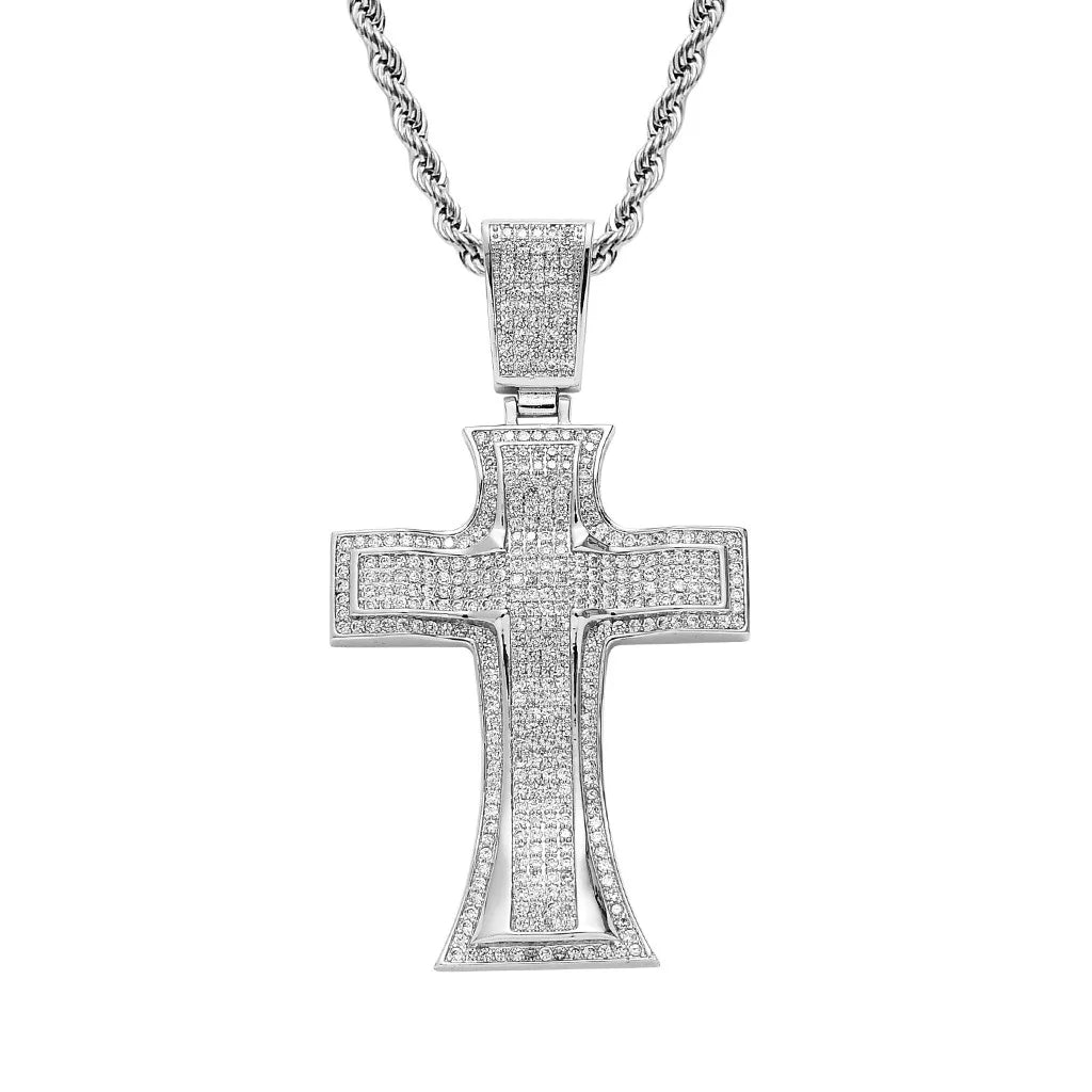 Men's Large Retro Hip Hop Cross Pendant with Micro Zircon Inlay Rope Chain for Anniversary Made of Brass Jewelry