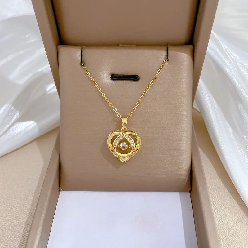 Fashion Gold Plated Stainless Steel Crystal Full Diamond Hollow Love Heart Tassels Pendant Necklace for Women Girls Jewelry