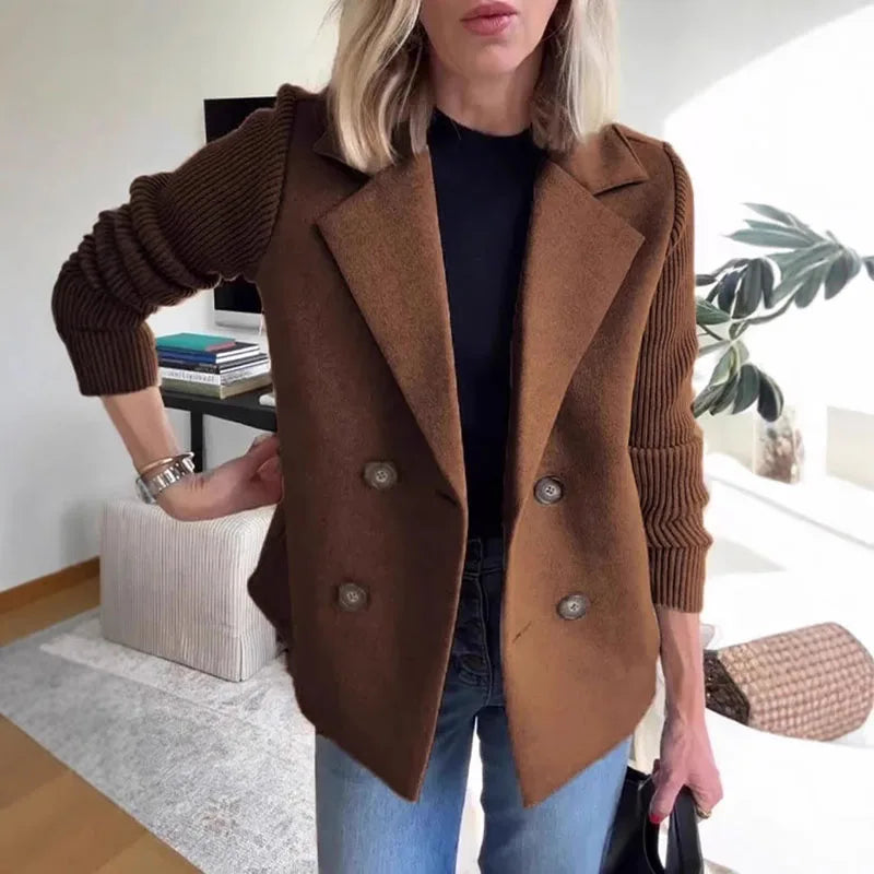 RNSHANGER New Knitted Long Sleeves Women's Coat Short Spring Casual Tweed Suit Office Jacket Blend Wool Double Breasted Coats