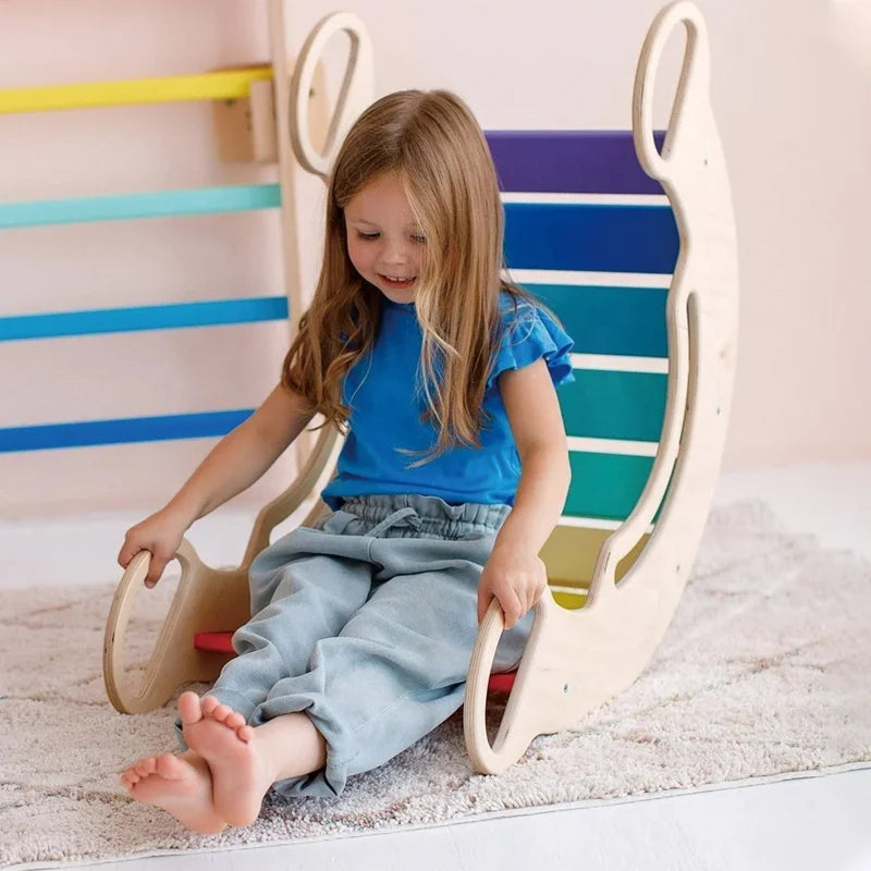 Wooden Indoor Climber & Play Structure Triangle Climber Ramp Climbing Arch Rocker with Pillow Kids Climbing