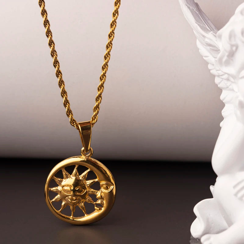 Olivia Hip Hop Stainless Steel Jewelry Sun and Moon Apollo God Pendant Necklace