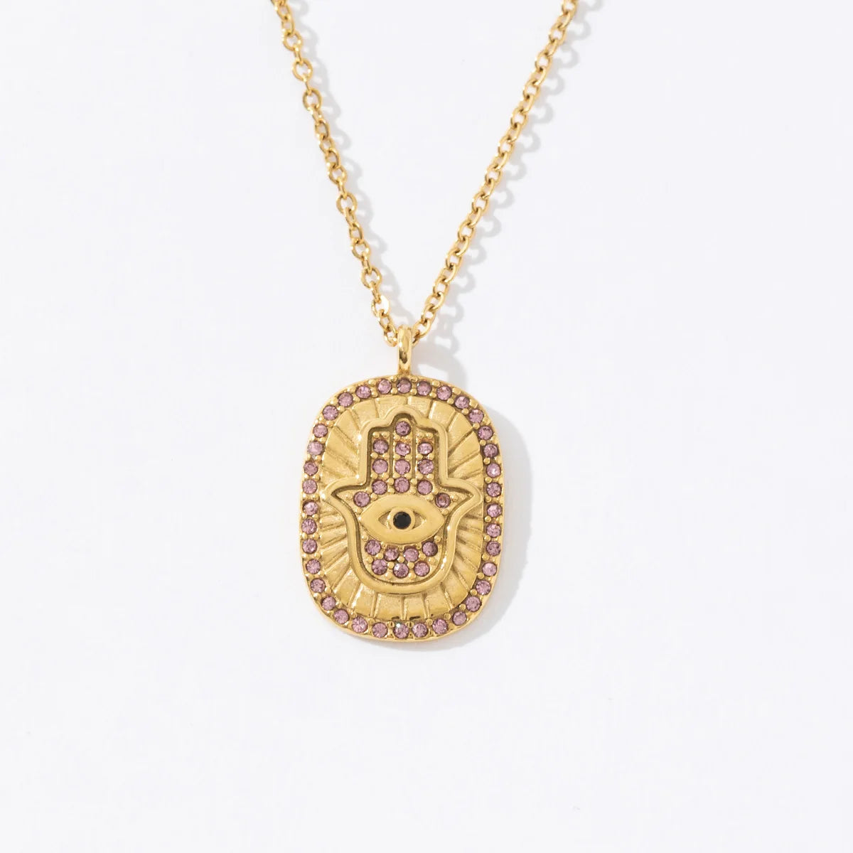 African Jewelry Stainless Steel 18K Gold PVD Plated Diamond Square Hand Pink Zircon Hamsa Necklace