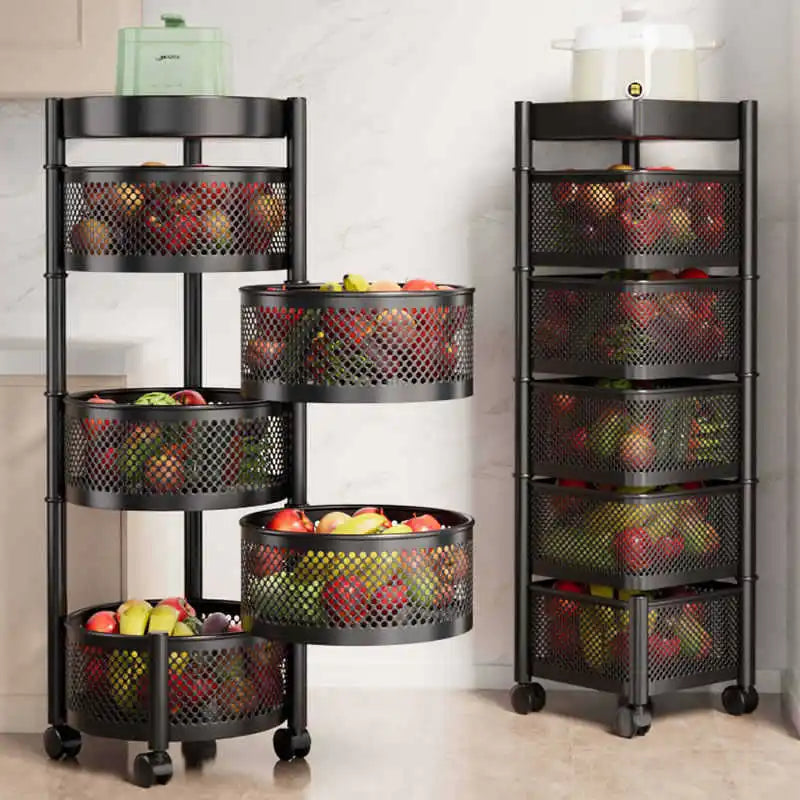 3/4/5 Tier Rolling Storage Cart with Top Lid Metal Wire Fruit Vegetable Basket Rotating Storage Rack with Wheels