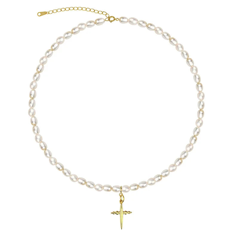 925 Polished Jewellery Cross Necklace Rainbowking Collier Perles Sterling Silver Real Freshwater Pearl CHRISTIAN Beads Trendy