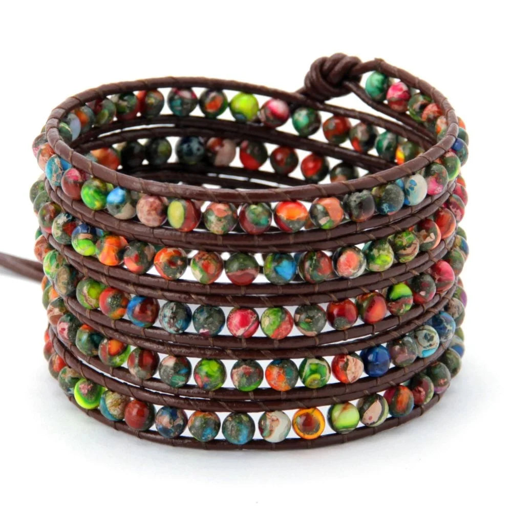 2026 Unisex Neo-Gothic Style Penta-Colorful Healing Stone Tibetan Silver Agate Beaded Black Zinc Plated Leather Wrap Bangles