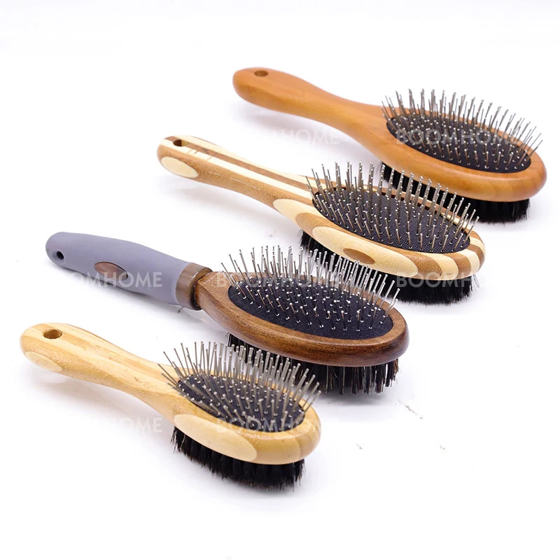 Pet Brush Bamboo Wood Double Side Boar Bristle and Metal Pins for Dogs and Cats Grooming Dog Brush with Laser logo Eco-friendly