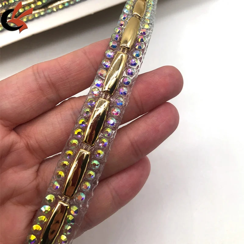 AB Crystals Iron-On Hot Fix Rhinestone Trimming Gold Plastic Trims for Shoe Garment Bag Carnival Costume Decoration