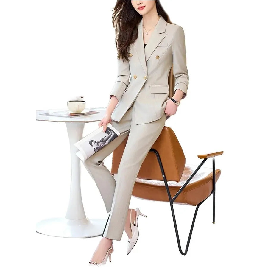 Women's Single Breasted Jacket Dress Pants Suit Two-Piece Set with Button Decoration
