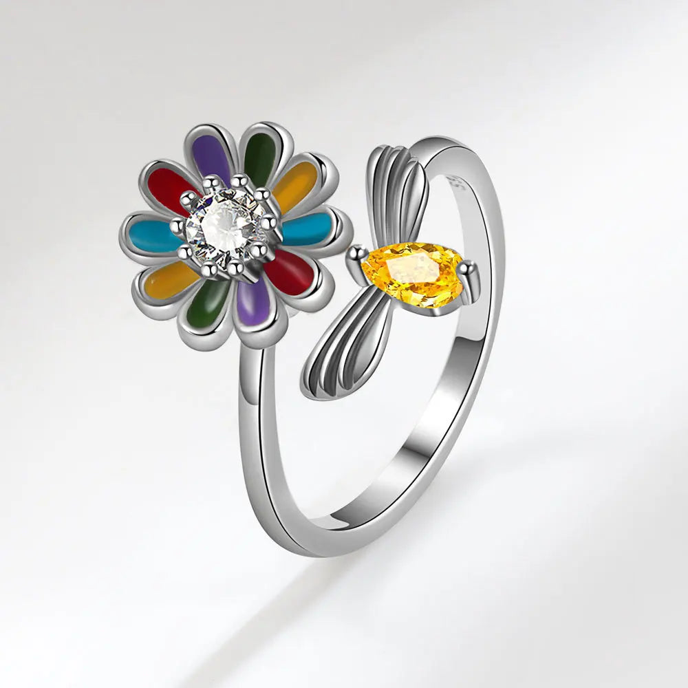 Hot Sale Adjustable Opening Fidget Anxiety HoneyBee with Sunflower Jewelry Spinner Ring for Women  Girls Gift