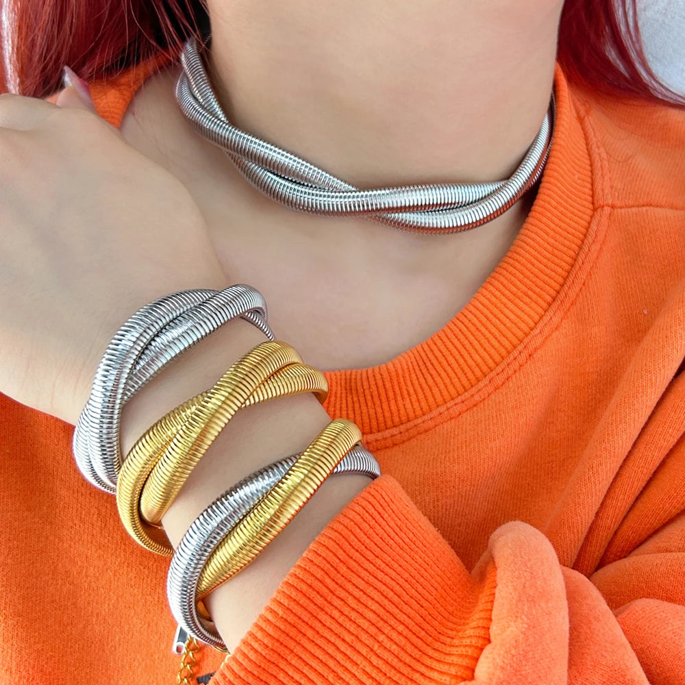 8mm Double Layers Twisted Spiral Stainless Steel 18k Gold Jewelry Set Women Bracelet Choker Customizable