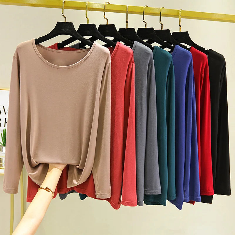 Female T-shirt Long Sleeve Solid Color Wild Autumn T-shirt Women O Neck Slim Plus Size Top Female Elastic Thin  Korean Autumn