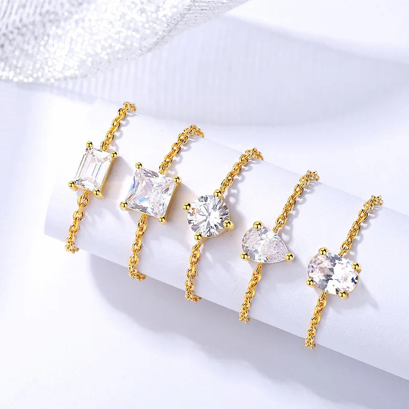 Daidan Ring Women 925 Adjustable Rings Sterling Silver Round Tear Drop Gold Plated Oval Zircon Chain Ring