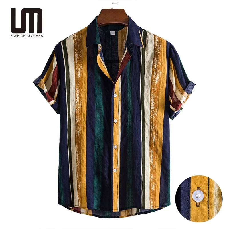 OEM Service Summer Retro Vintage Streetwear Men Printed Short Sleeves Button Blouse Shirts