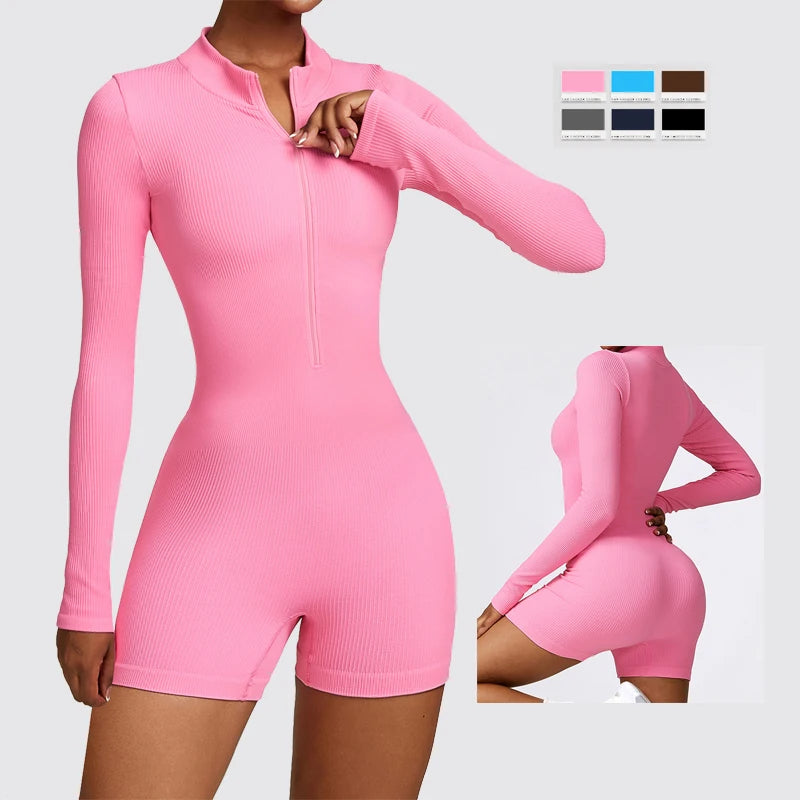 Joyyoung Ribbed Knit Half Zip Yoga Jumpsuit Women Long Sleeve Thumbhole Workout Romper Tummy Control Booty Lifting Gym Fitness