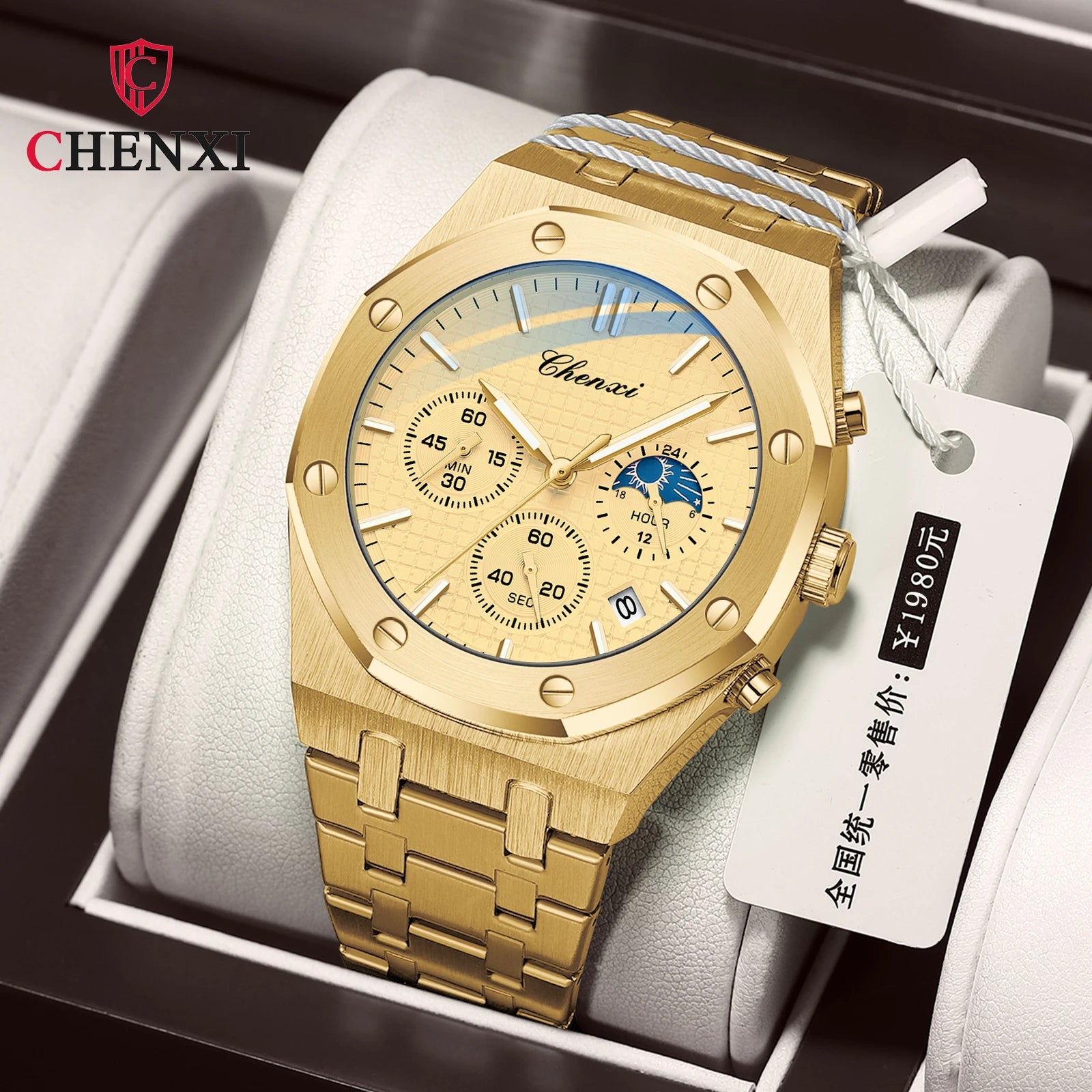 CHENXI 948 New Fashion Business Mens Stainless Steel Alloy Case Quartz Wrist Watch Pointer Dial Chronograph Waterproof  3BAR