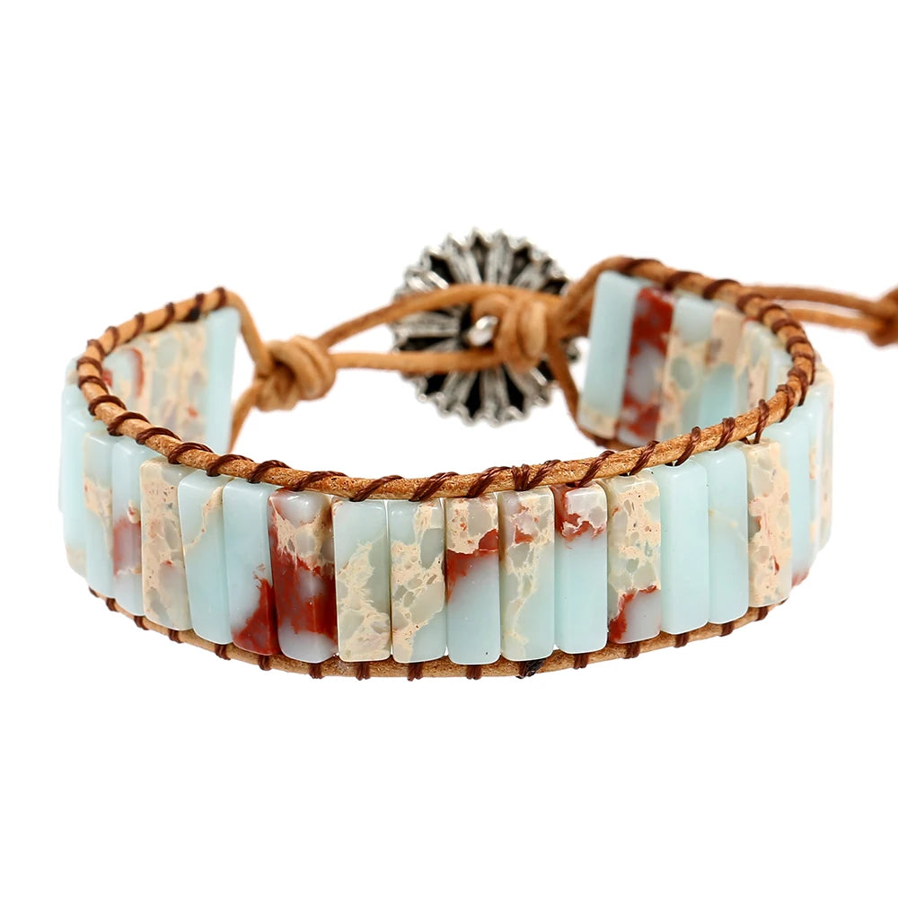 Imperial Jasper Beaded Charm Bracelet for Women Leather Tube Wrapped Bangles Boho Style Wedding Occasion Birthday Gifts