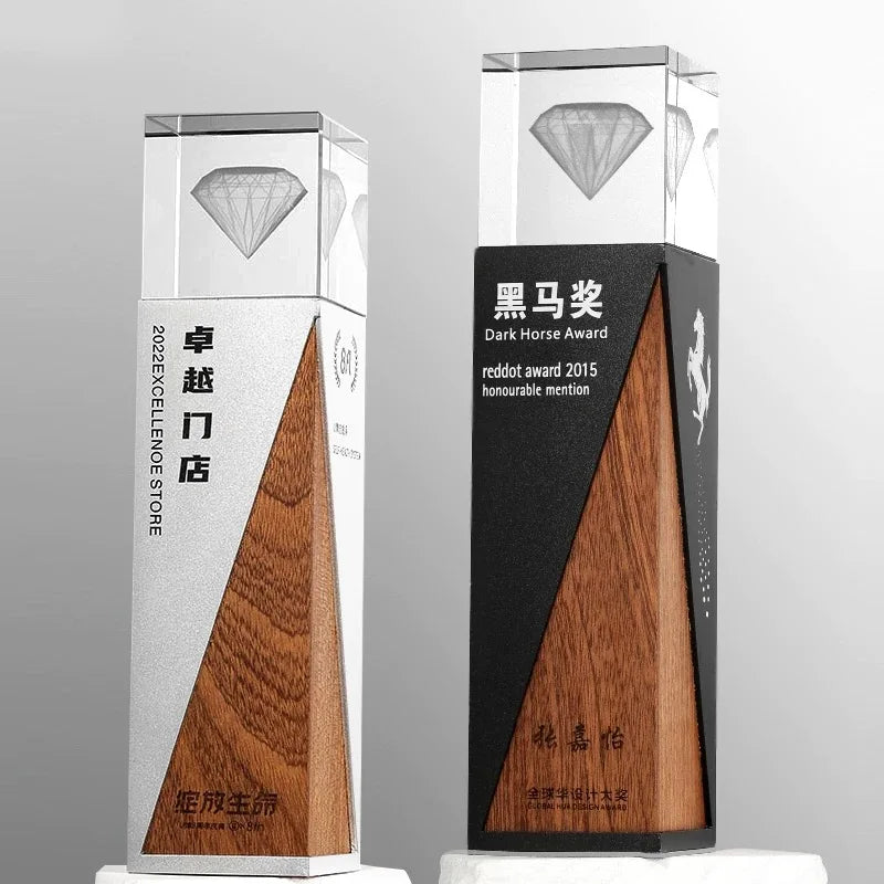 23cm Height Personalized Black Silver Metal Plated Wooden Crystal Tower Plaque Trophy MH-NJ0729