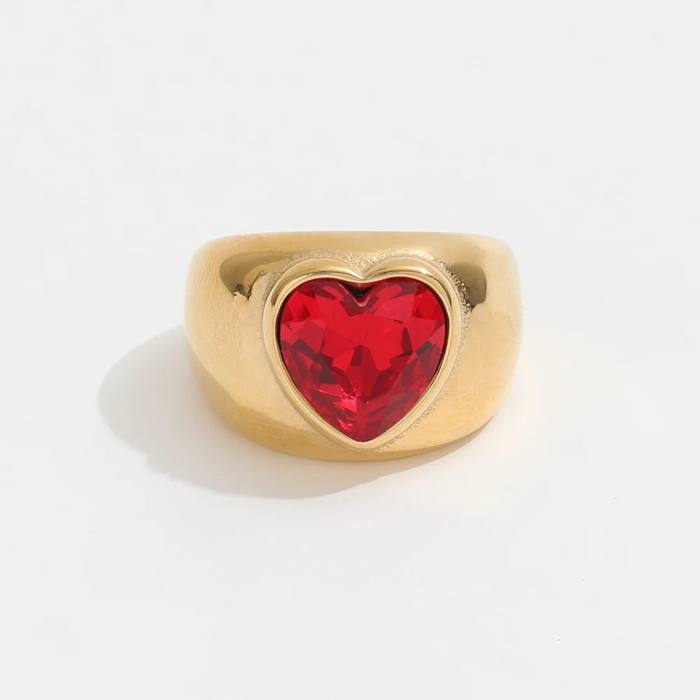 Antique Retro Gold Ruby Garnet Big Chunky Heart Rings for Women Stainless Steel Jewelry Fashion Gold Jewelry