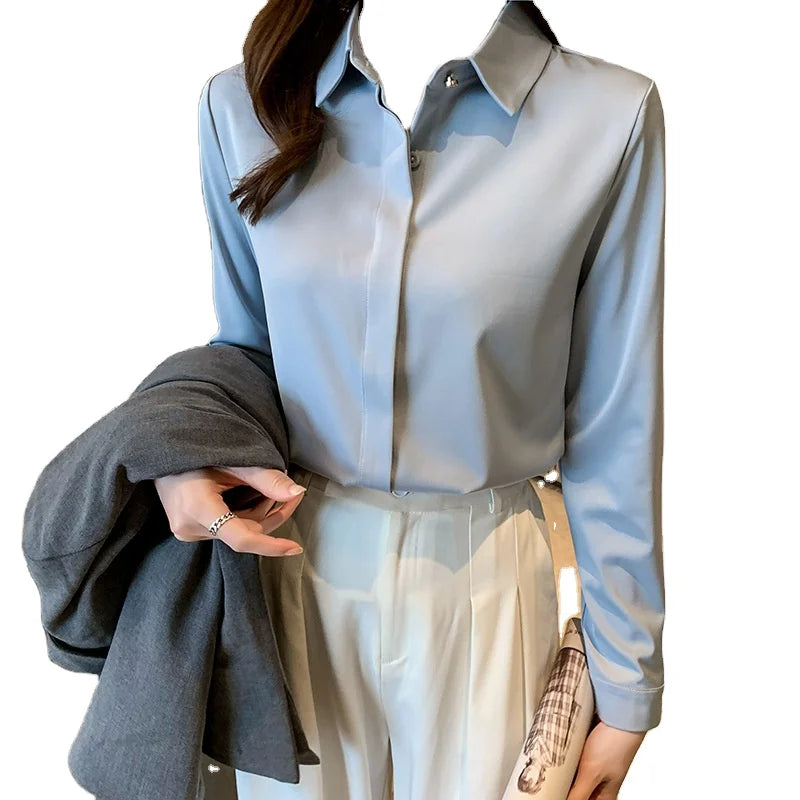 Women's 2026 Spring Twill Woven Office Lady Long-Sleeved Shirt Breathable Eco-Friendly Turn-down Collar Autumn New Hong Kong