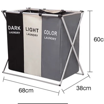 X-Shape Foldable Large Home Laundry Hamper Sorter Oxford Printed Collapsible Three Grid Organizer for Dirty Laundry Basket