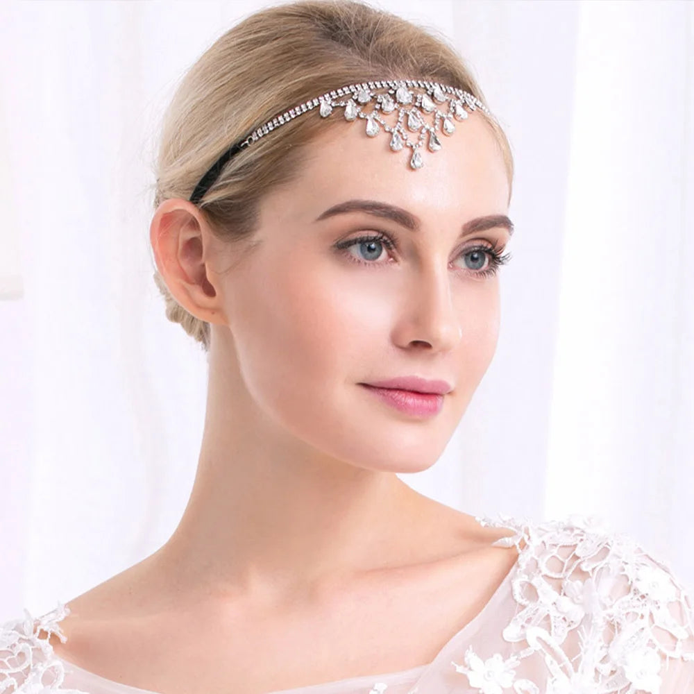 Multi-Layer Elastic Rhinestone Hair Chain Crystal Water Drop Bridal Forehead Jewelry