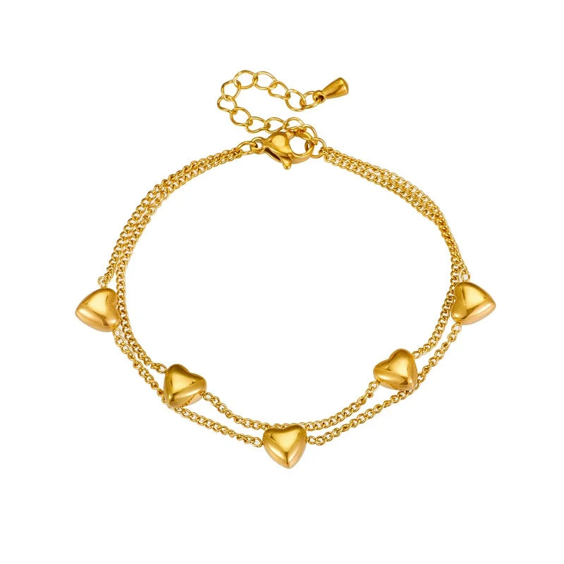 Aimgal Women's Fashion Jewelry Stainless Steel PVD Plated 18k Gold Trendy Niche Design Double Layer Chain Heart Bracelet