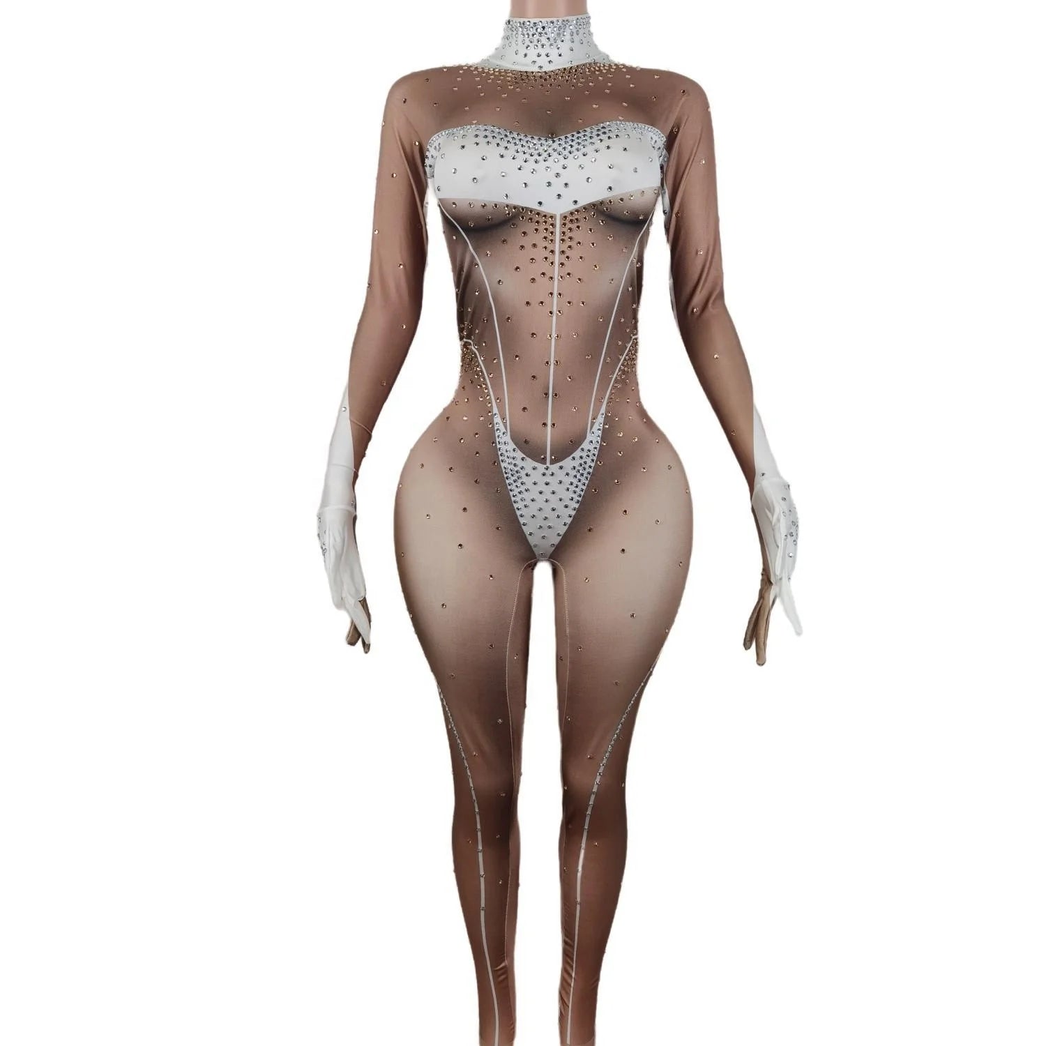 Sexy Drag Queen Long Sleeves Rhinestone Bodysuits Spandex Rompers Showgirl Pole Dance Leotard Club Women One Piece Jumpsuits