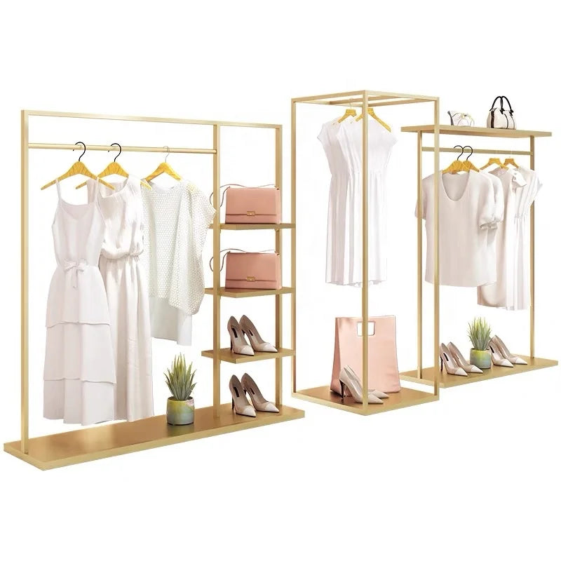 Retail Boutique Gold Clothing Display Stand Stainless Steel Garment Hanging Racks With Shelves for Clothes Shop