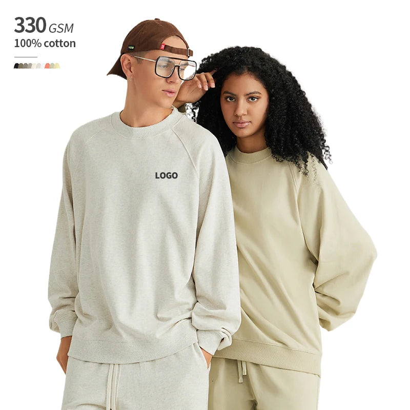 Raglan 330 GSM 100% Cotton Plus Size Wide Collar French Terry Lining Oversized Custom Crew Neck Hoodie Men Pullover Sweatshirt