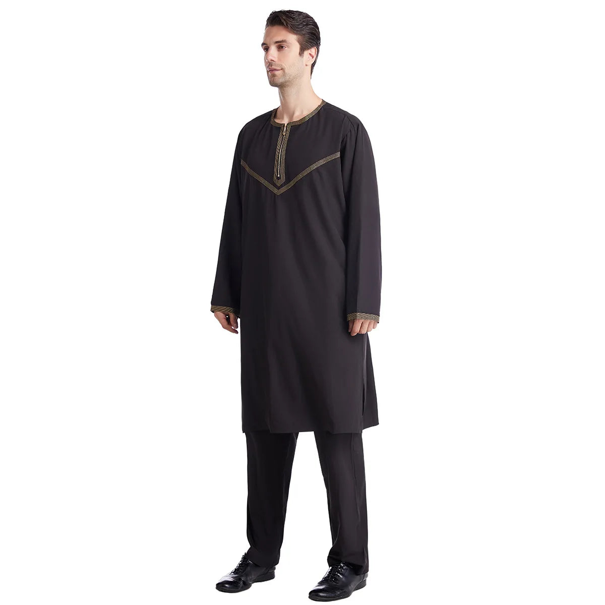 Fashionable Muslim Arab Middle East Embroidered Men's Robe Set Abaya Kaftan Robe Islamic Mosque Ramadan Prayer Top Pants Set