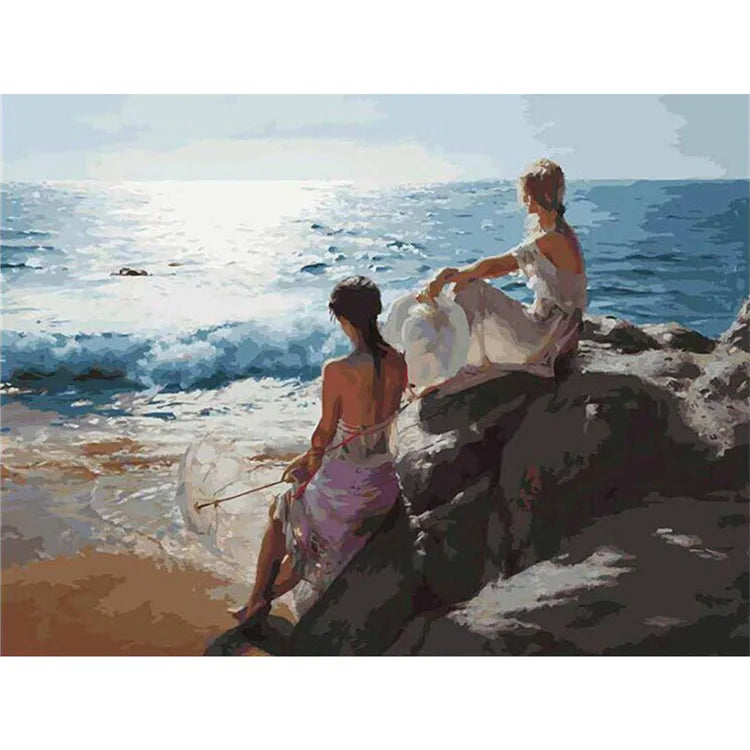 Sister Seascape DIY 5D Diamond Painting by Number Kit Fashion Wall Art Canvas Paint Diamond Painting Embroidery Kit