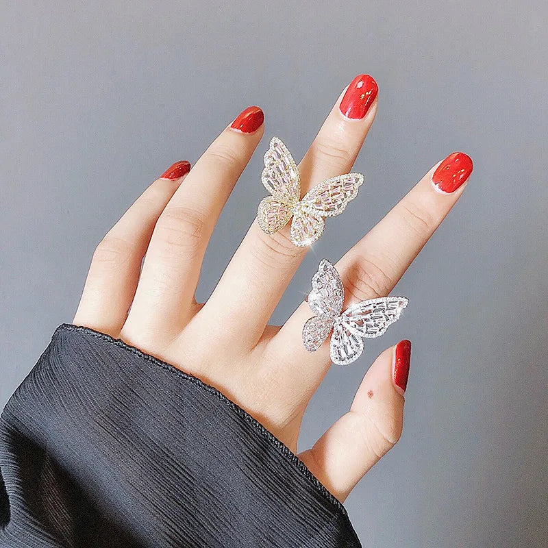 Fashion Design Cooper and Rhinestone Micro Inserted Butterfly Shape Ring for Ladies