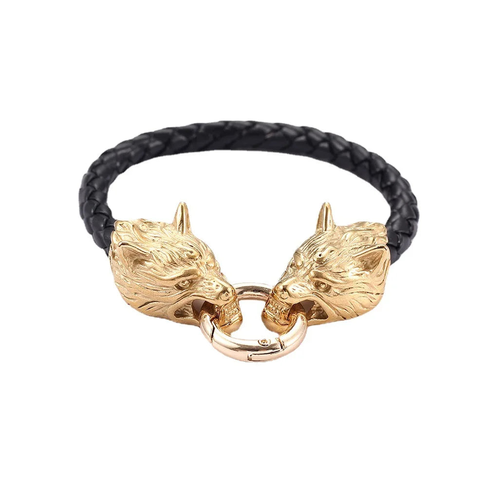 Viking Jewelry Genuine Leather Wristband Stainless Steel Norse Mens Wolf Viking Bracelet