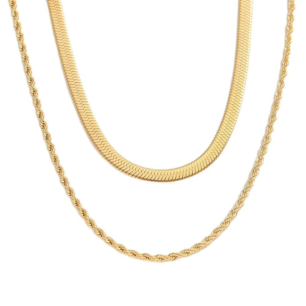 18k Pvd Gold Plated Herringbone Rope Chain Layered Necklace Stainless Steel Necklace Tarnish Free & Waterproof Jewelry